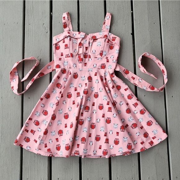 IXIA Pink Red Owl‎ Print Sweetheart Neck Tie Waist Fit & Flare Pin Up Dre… - Picture 1 of 8